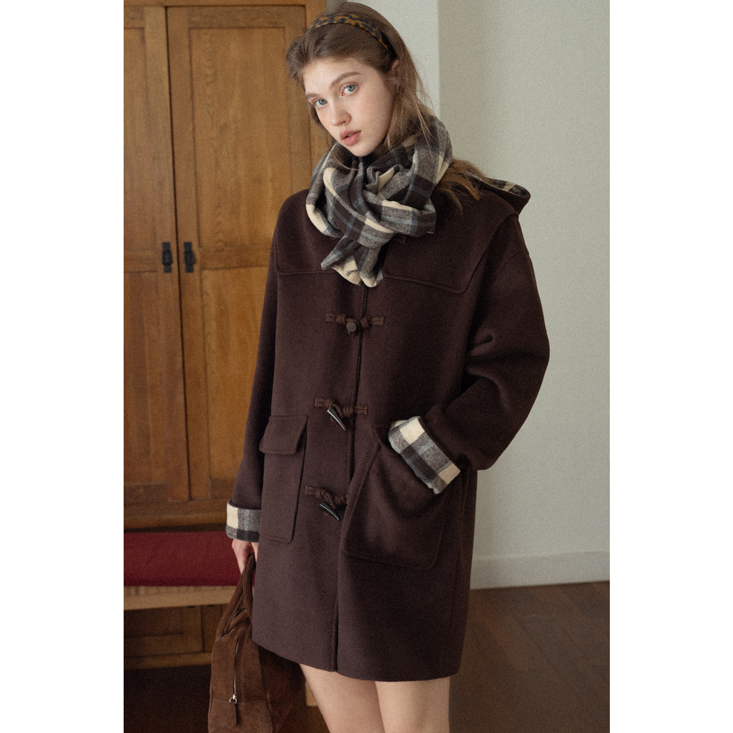 EGGKA美拉德牛角扣毛呢大衣连帽外套中长宽松通勤上衣E25C60131YM