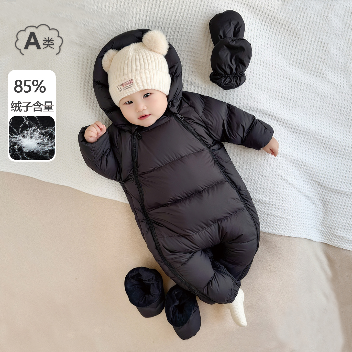婴儿羽绒服连体衣冬季宝宝连帽外出服新生儿加绒加厚抱衣爬服冬装
