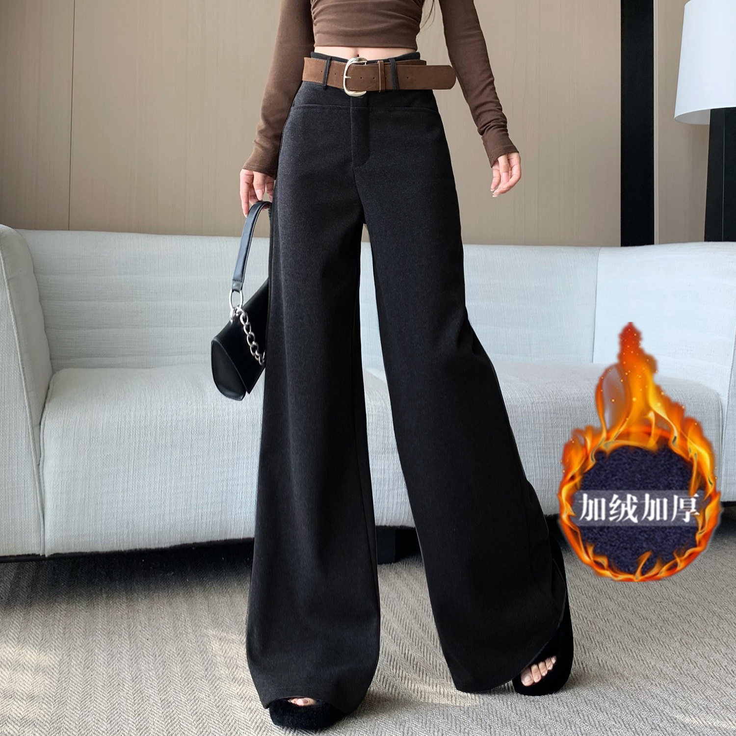 美式松弛感中高腰毛呢阔腿裤女宽腰带秋冬新款直筒垂坠西装拖地裤