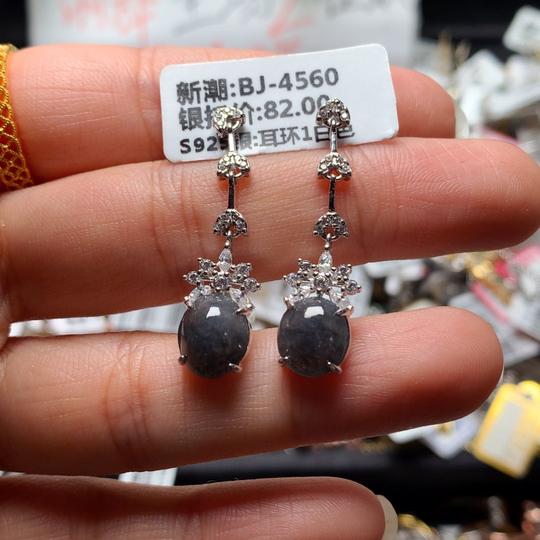翡翠戒指银S925镶嵌天然翡翠耳饰