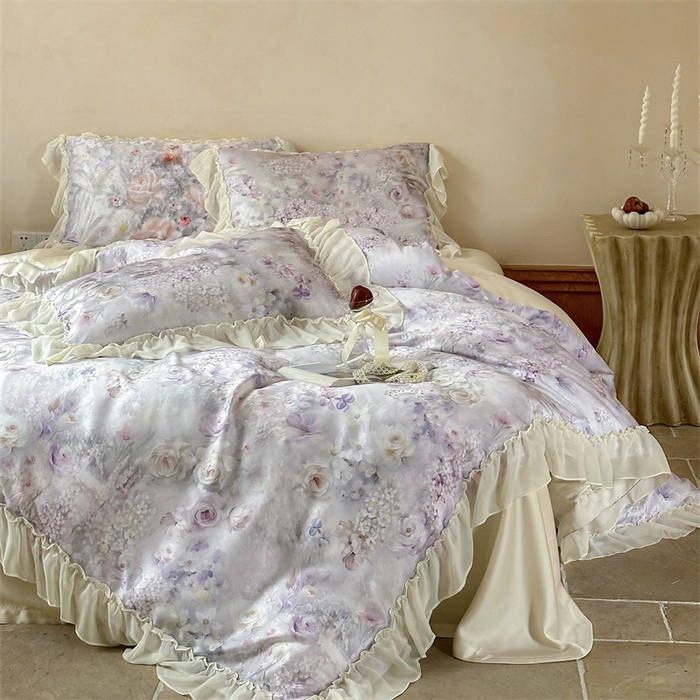 新款法式浪漫数码印花花边款公主风荷叶边高级田园风四件套