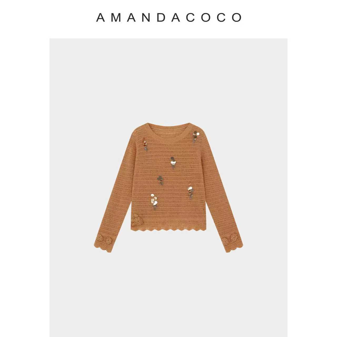 AMANDACOCO茜茜丨浪漫诠释～薄款钉钻立体小花显白气质长袖毛衣