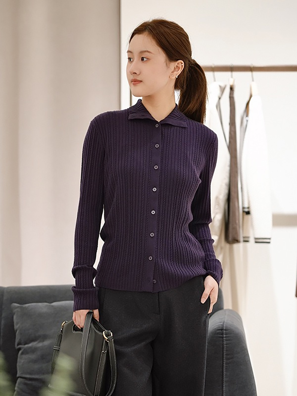 女冬季新款单排扣精纺细支羊毛绞花针织开衫27178