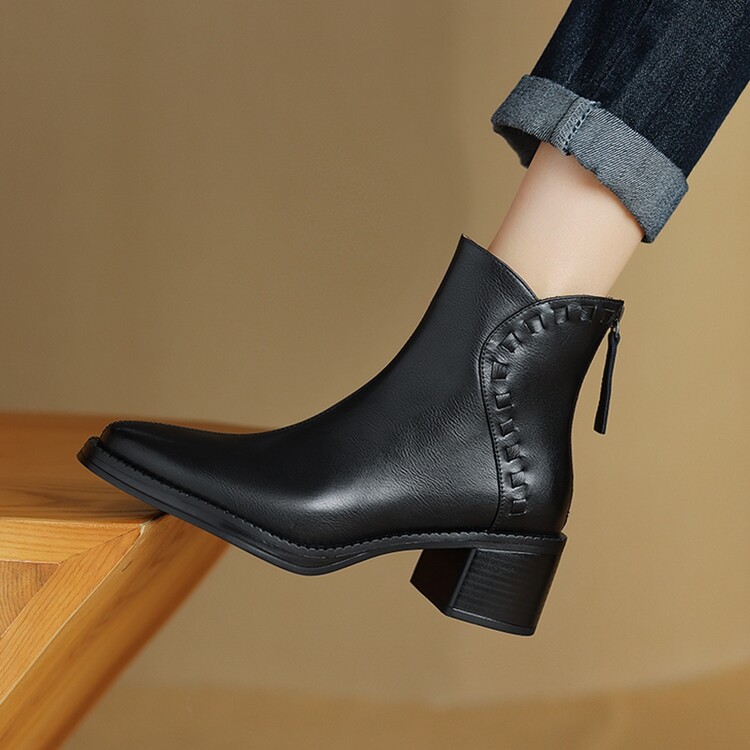 牛皮|跟5CM 34-39真皮靴子女尖头粗跟牛筋底短靴洋气时尚新款女鞋