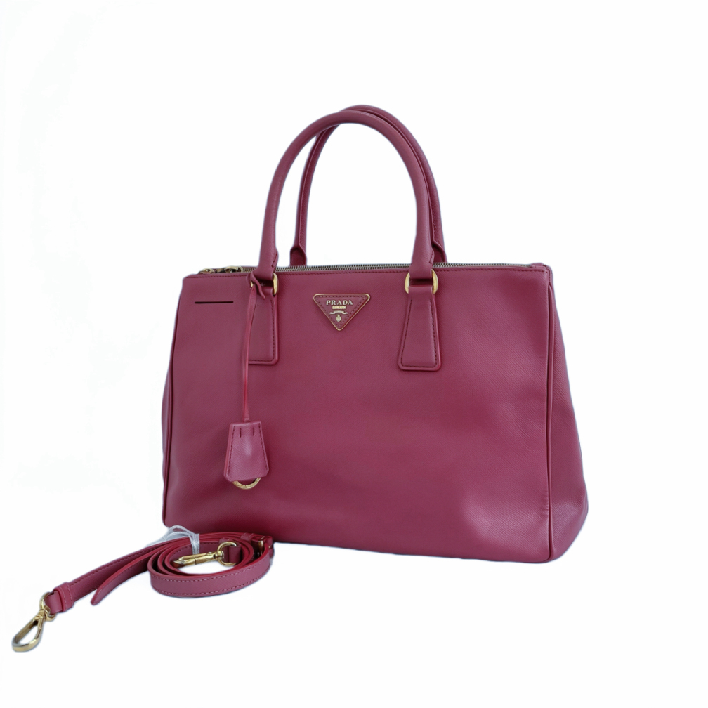95新 Prada/普拉达 二手玫红十字纹手提单肩包W77799