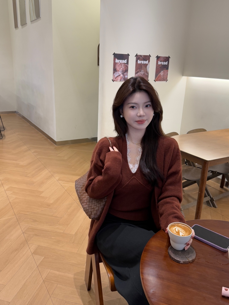 【延冬】韩系气质蕾丝拼接V领背心毛衣两件套装女冬季宽松针织外套