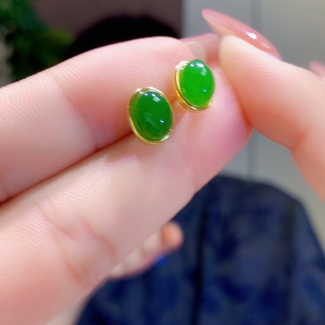 和田玉（碧玉）银S925镀金镶嵌耳饰