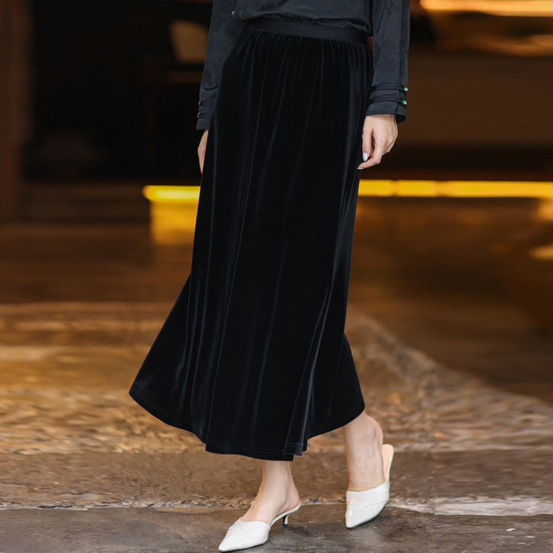 【黑美人】新中式丝绒简约百搭鱼尾半身裙2025秋季新品国风高腰显瘦