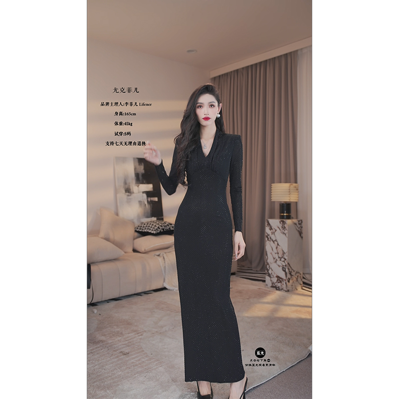 【尤克菲儿】原创轻奢高定针织烫钻气质优雅高腰纯色时尚连衣裙