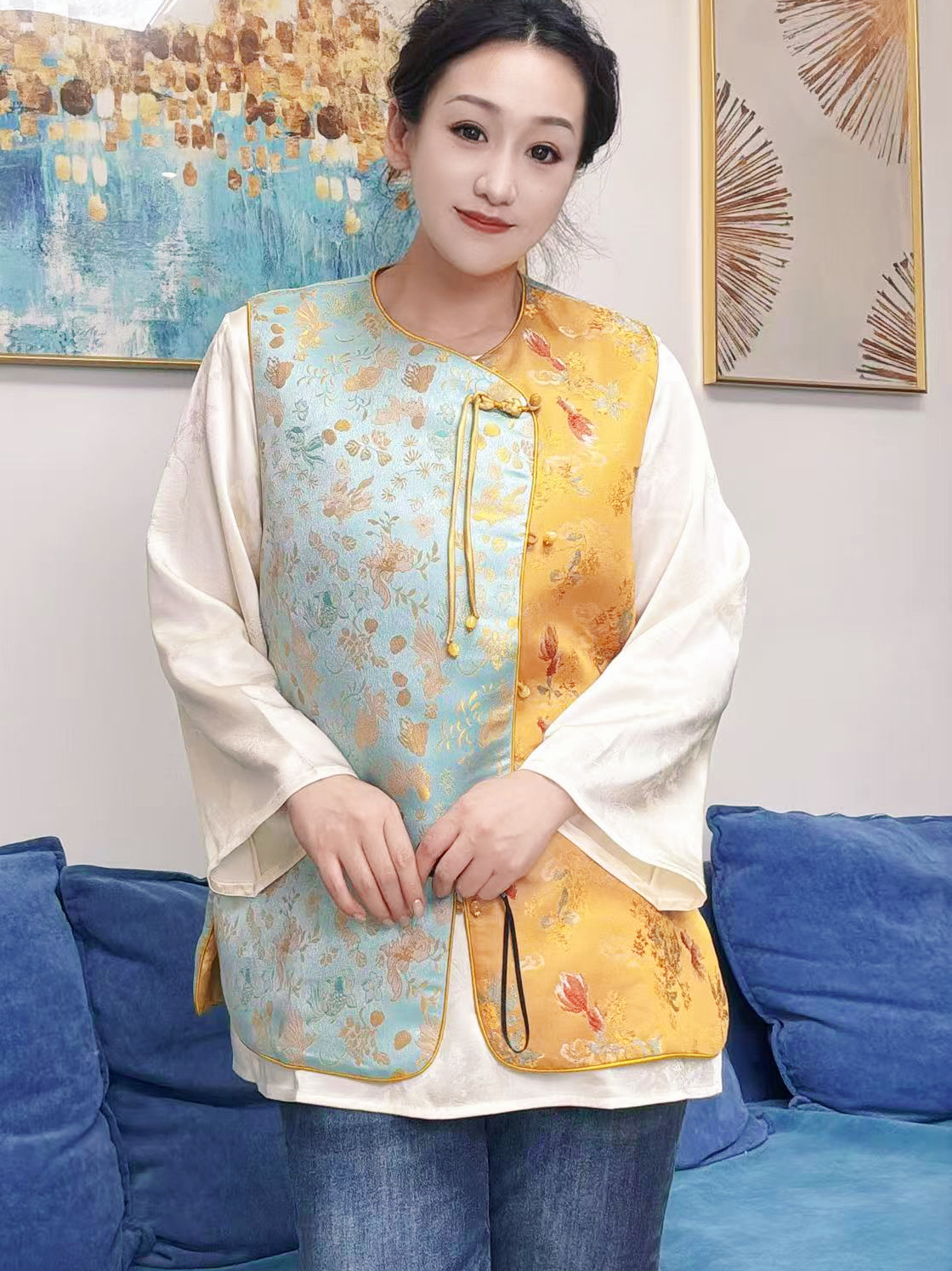 秋季常规马甲透气圆领提花女马夹中国风欧若智性风