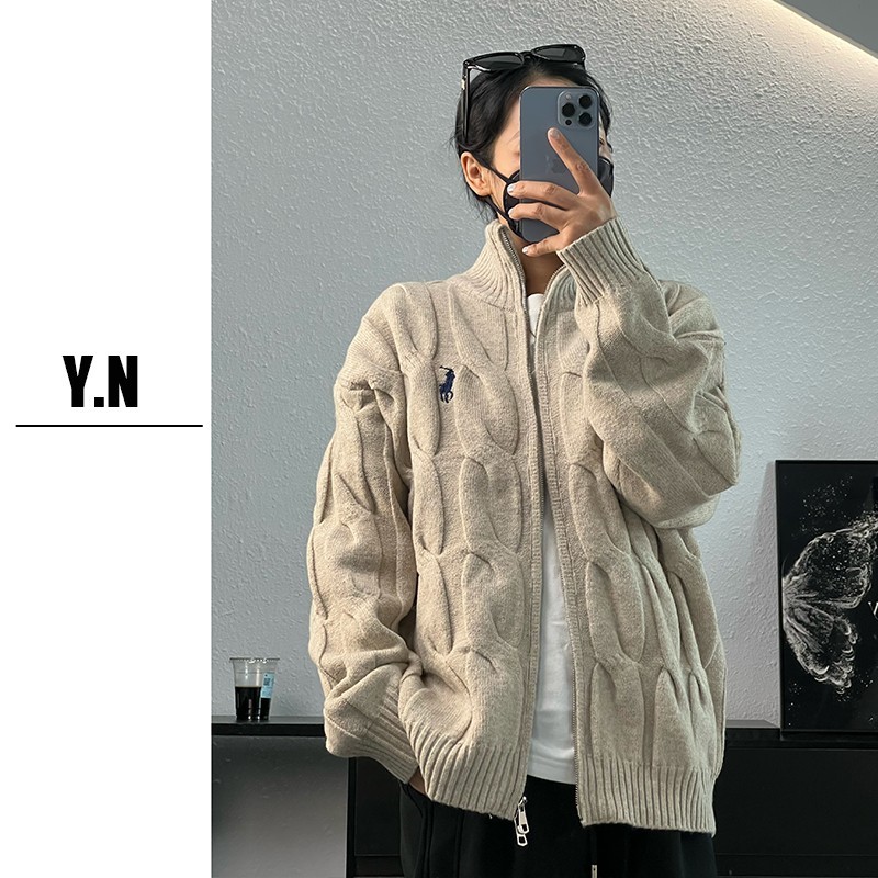 秋季2025刺绣毛衣外套双拉链休闲加厚男士立领针织开衫