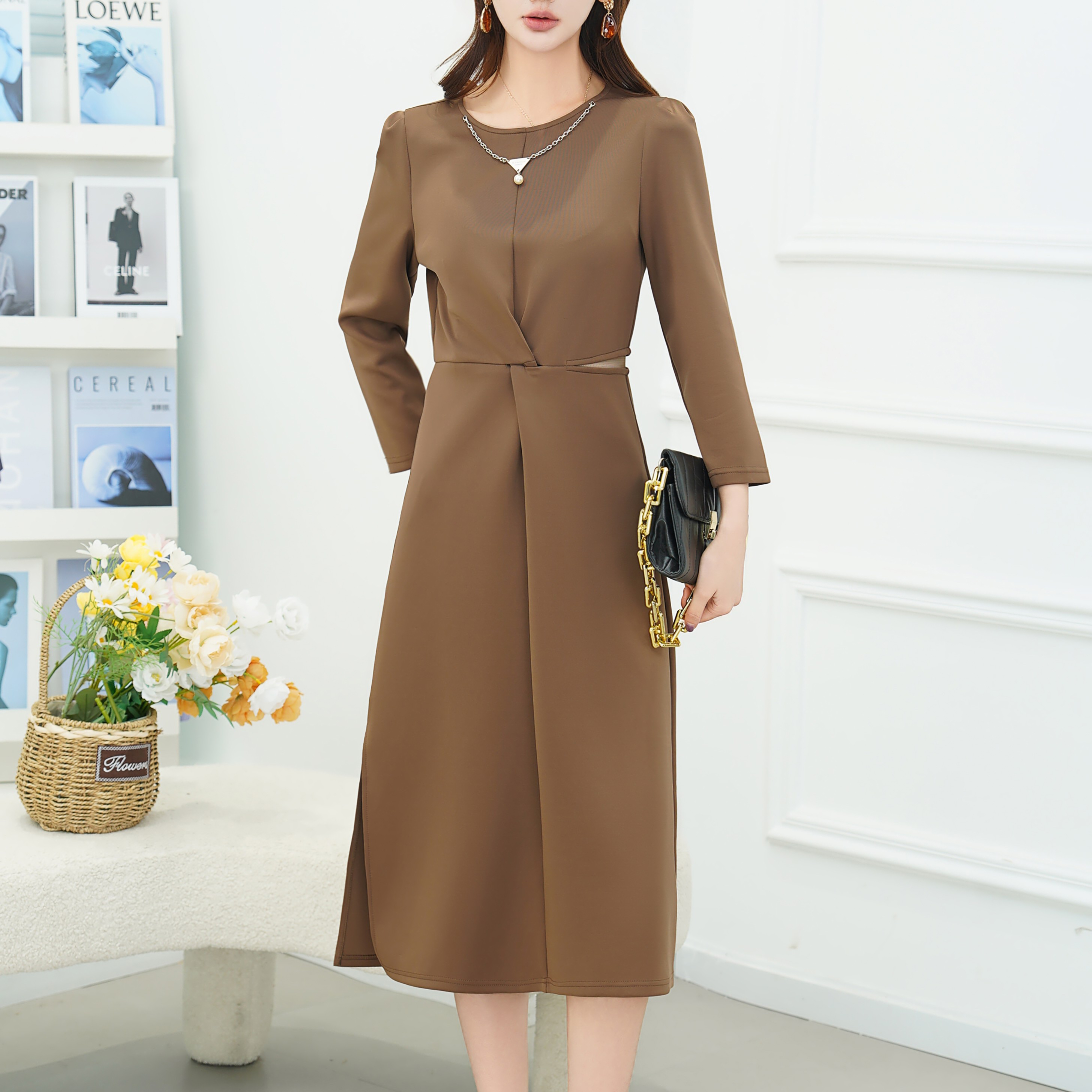 S628  JMQH2025新款链条纯色高级气质中长款连衣裙女JMQHL9120款