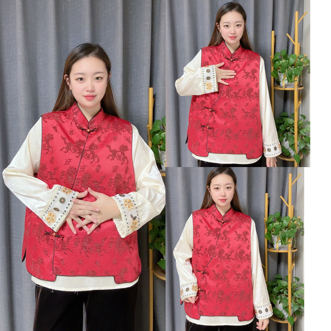 「69163」新中式气质缎面提花高国风显瘦大码马夹斜襟红色女