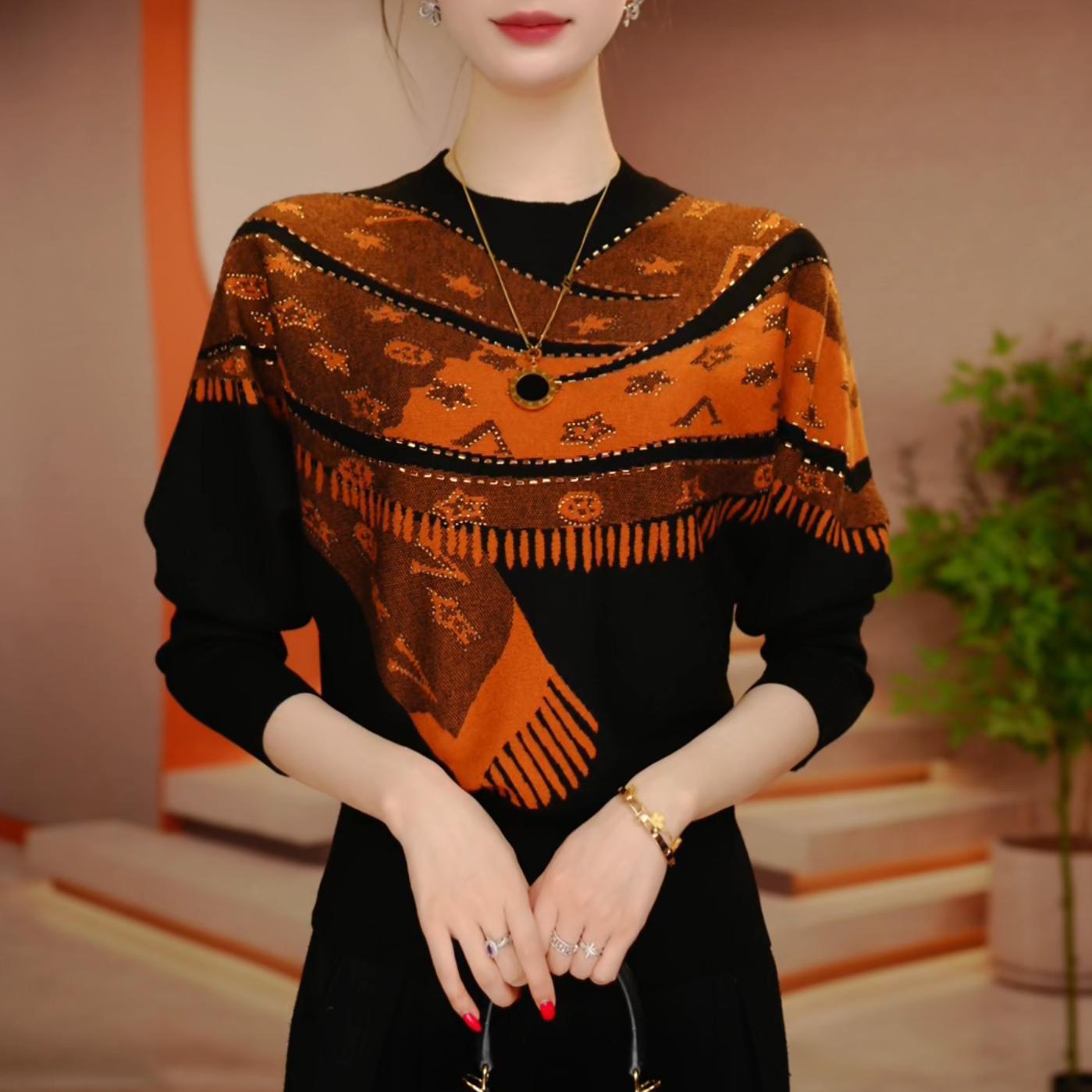 2025秋冬新款时尚气质烫钻长袖针织衫撞色显瘦妈妈装毛衣上衣遮肉