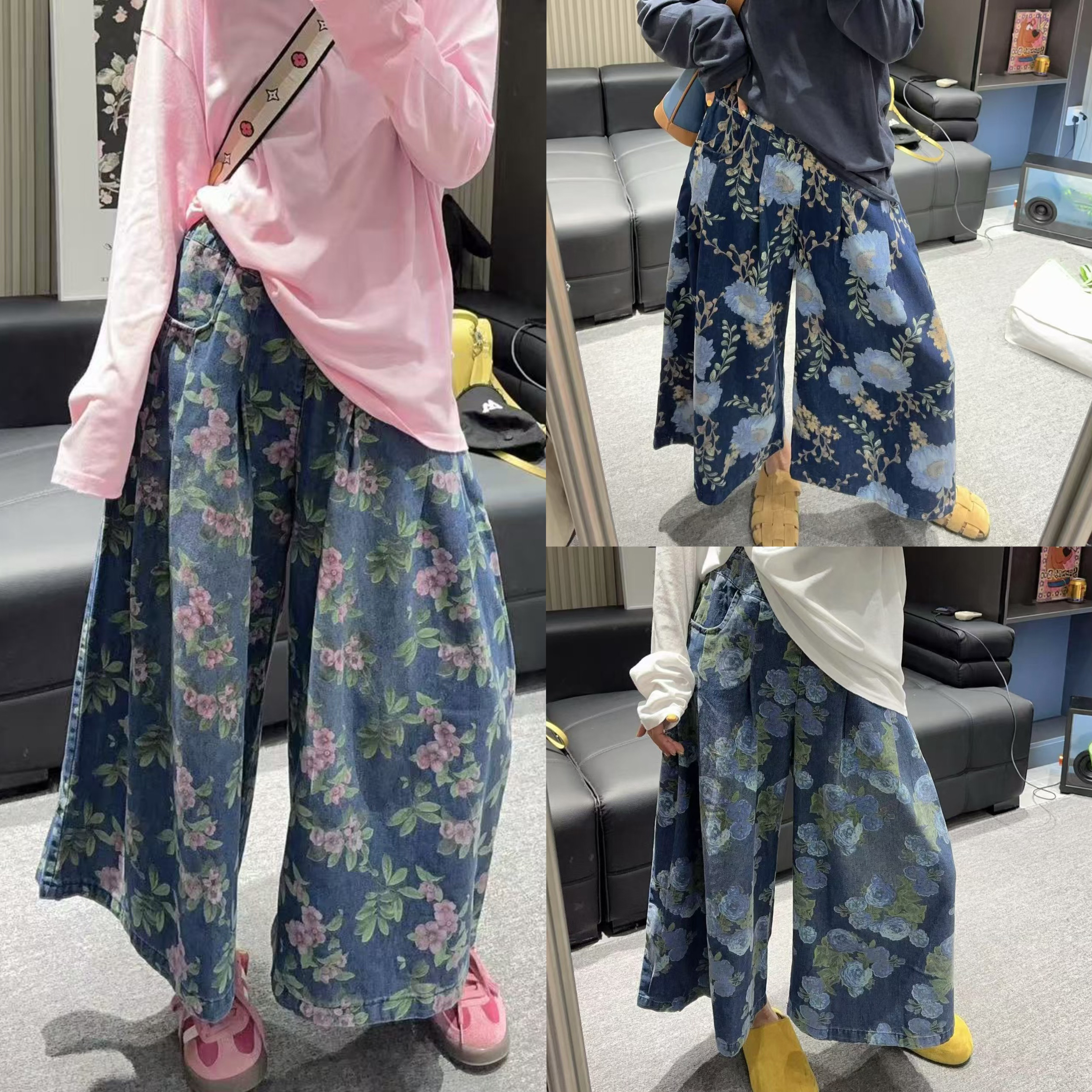 （老三）韩版阔腿裤印花宽松碎花高腰休闲裤扎染显瘦复古牛仔裤