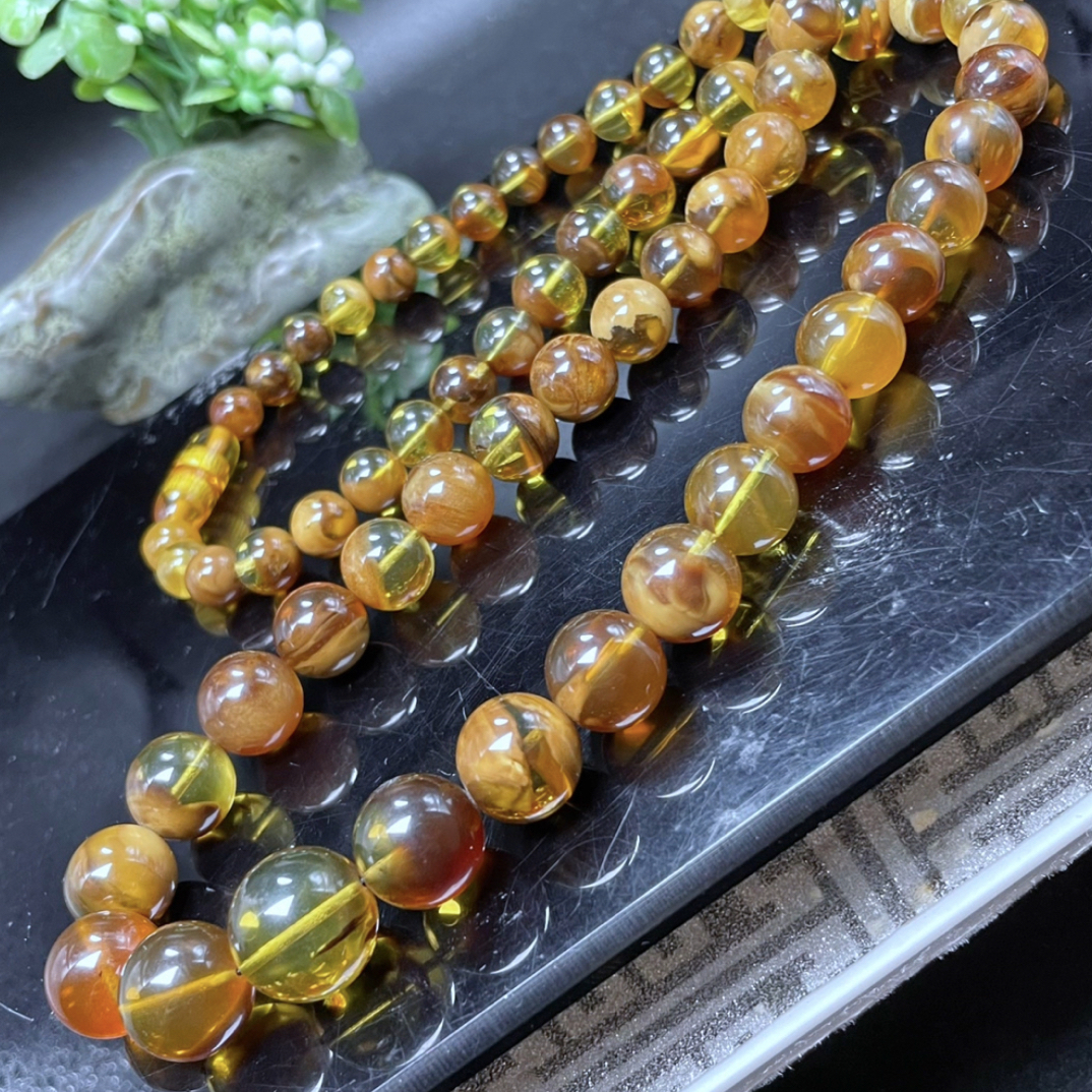 【李氏珠宝】收藏级金底溶洞项链7.8-14mm40克周长60cm缅甸琥珀