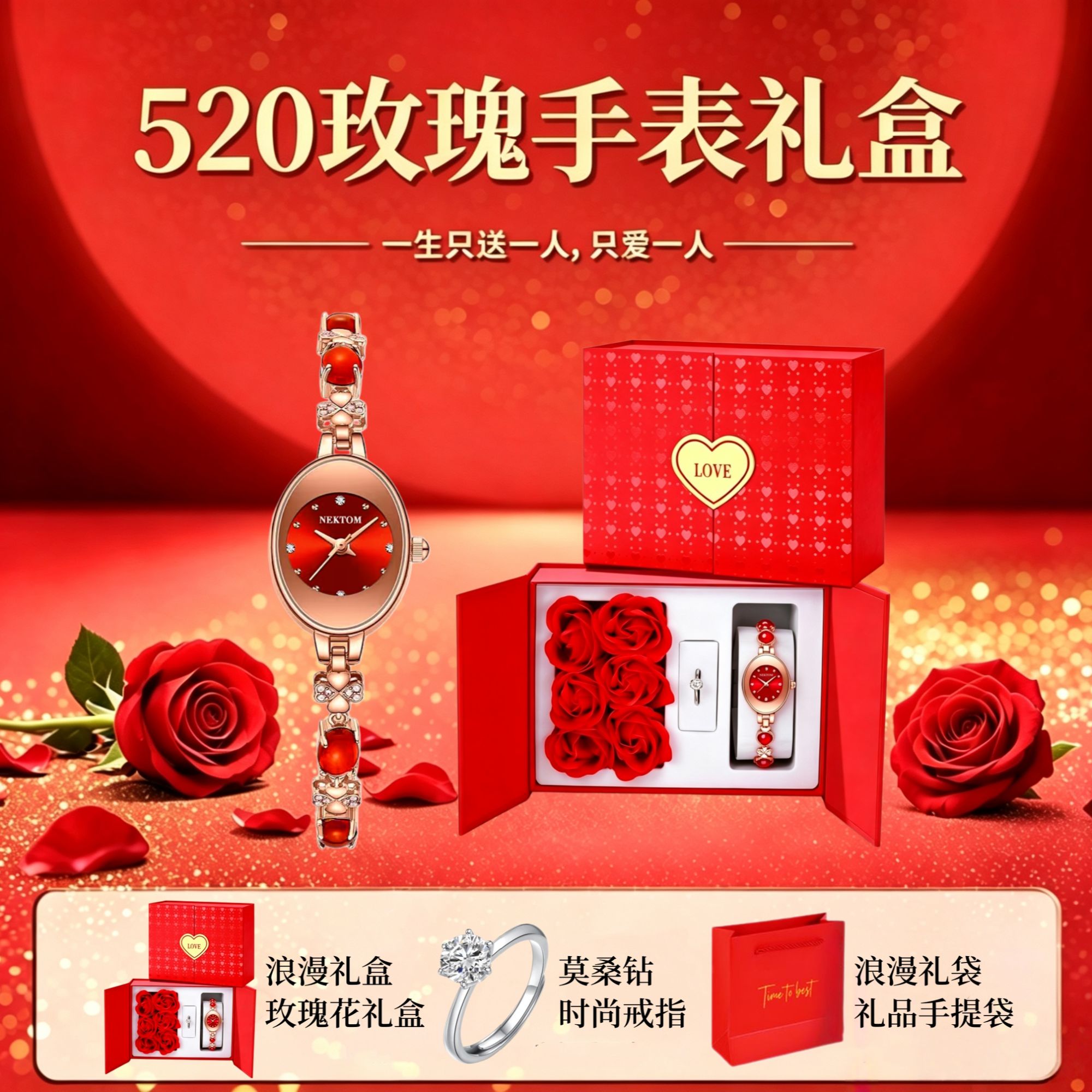【520礼物&玫瑰礼盒装】2026新款防水专柜珠宝女士手表送老婆女友何商品图