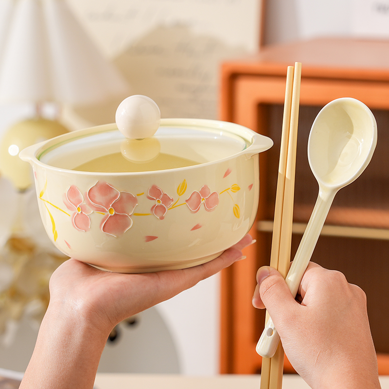 【茉兰希】4件套带盖筷子勺子泡面碗陶瓷手绘浮雕家用面碗餐具双耳