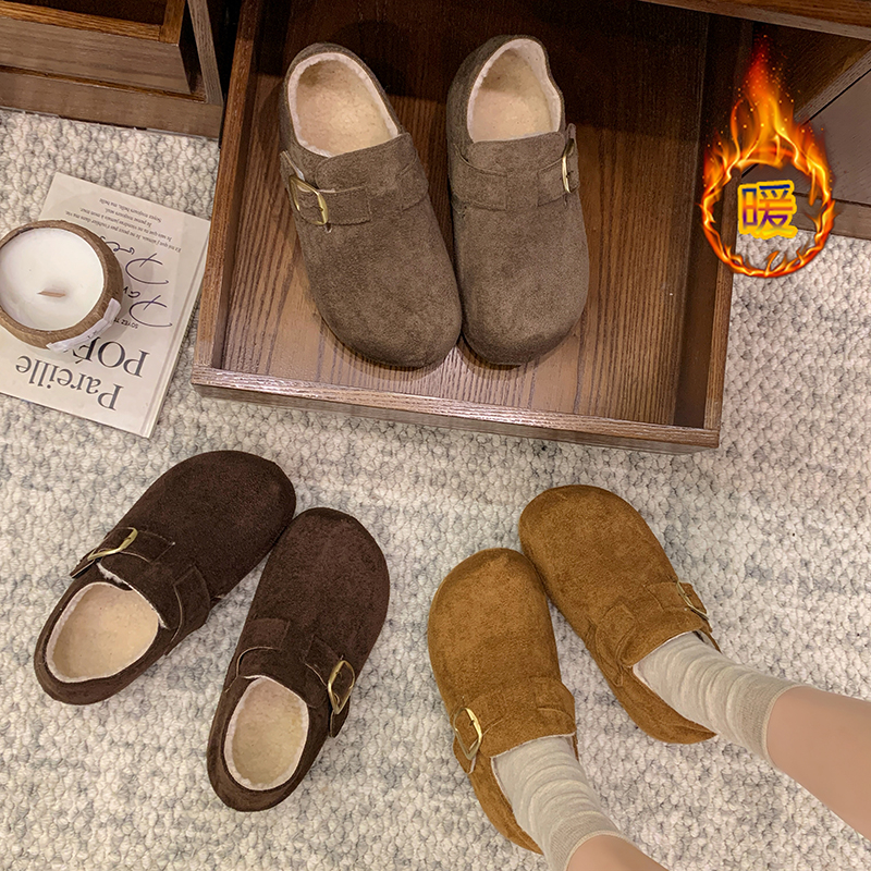 025新款加绒勃肯鞋魔术贴冬季5厘米中跟时尚复古保暖平底卡皮巴拉