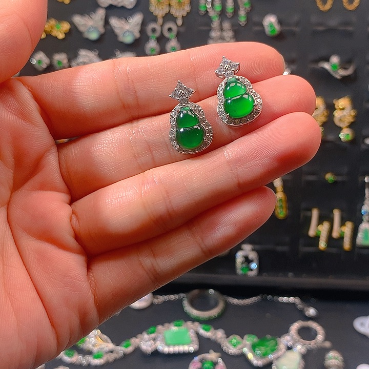 翡翠戒指银S925镀金镶嵌小*！耳钉