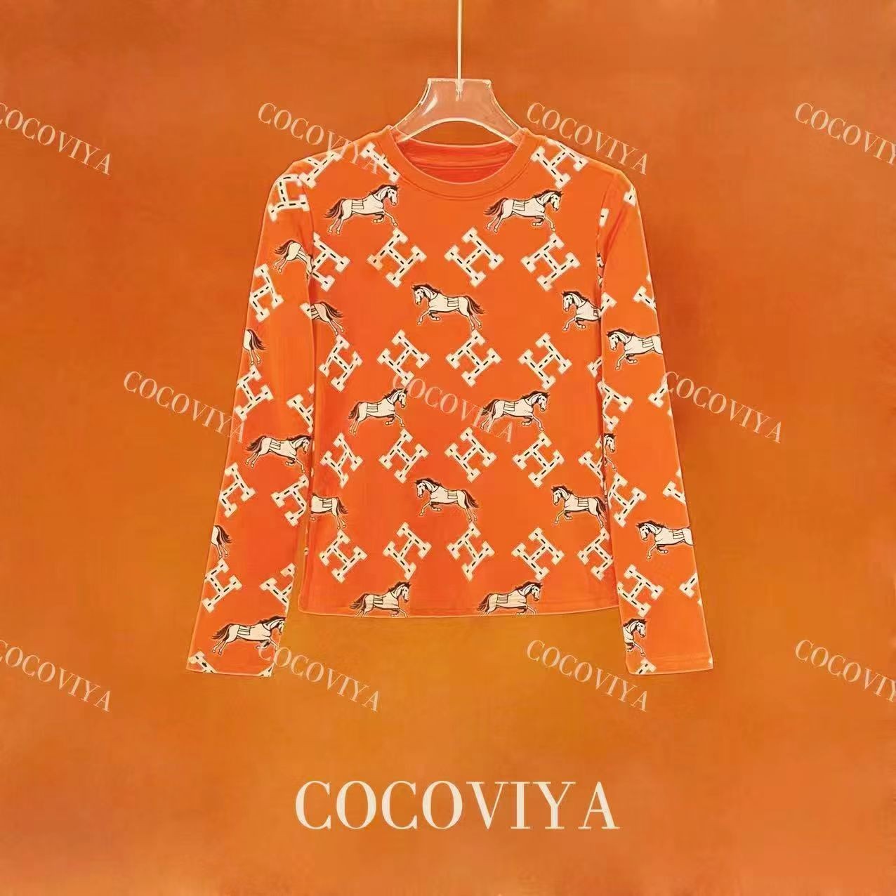 COCOVIYA【C】橙色加绒小马H字母印花长袖T恤显瘦时尚24C-101