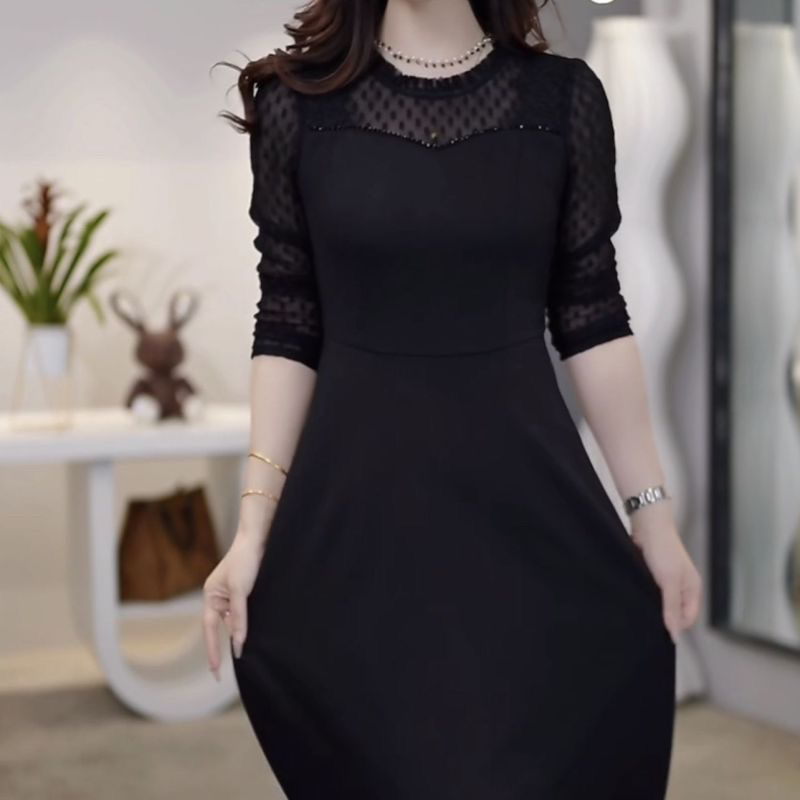 D927 高档弹力精纺时尚黑色长袖连衣裙2025秋季新款女装修身裙子