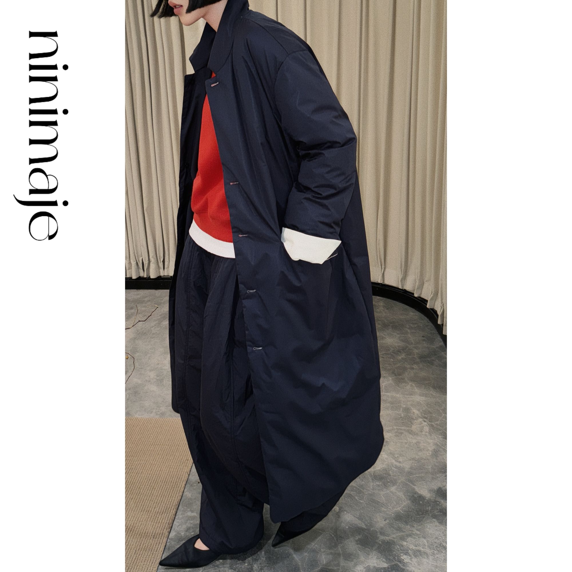 NanBeiBei  冬季极简款保暖撞色袖口中长款鹅绒羽绒服