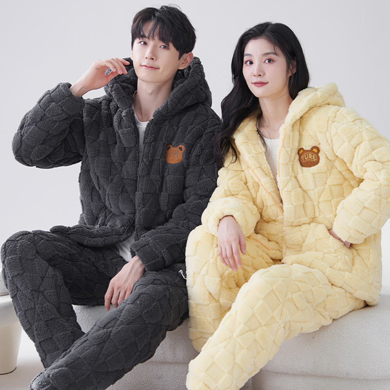 浪莎睡衣情侣冬加厚加绒珊瑚绒三层夹棉保暖湖南省服男女秋冬套装