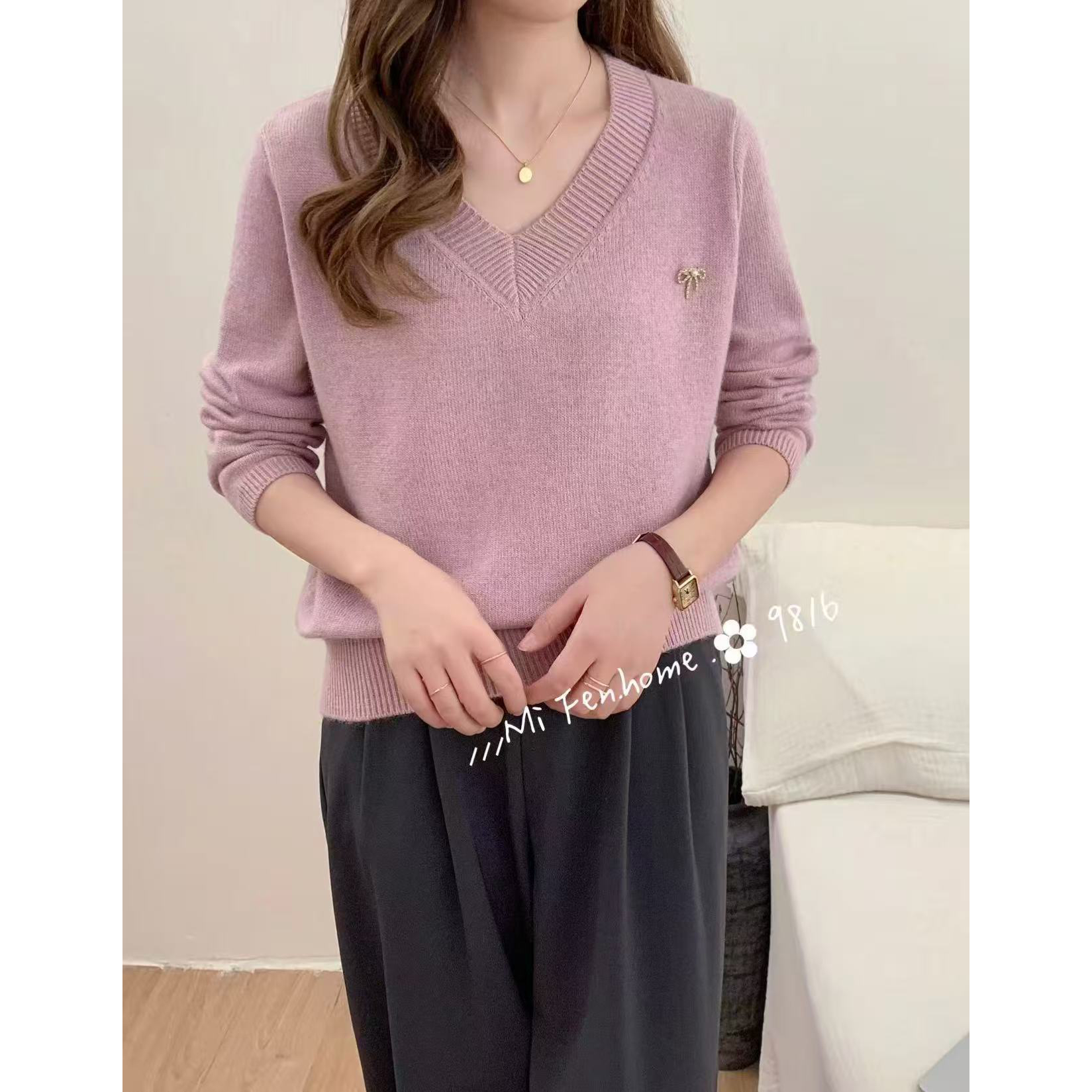 2501#纯色毛衣刺绣V领长袖毛针织衫上衣百搭秋冬套头毛衣