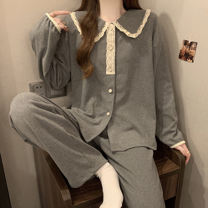 德绒睡衣女款冬季薄绒韩系简约风长袖开衫套装春秋款可外穿家居服