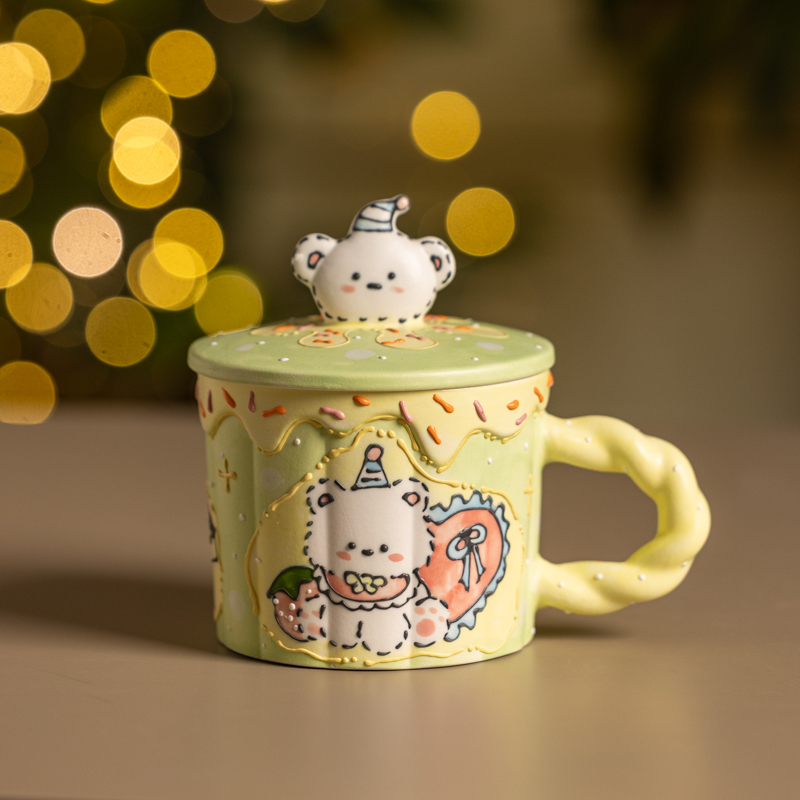 872立体小熊盖子绿色岩彩水杯