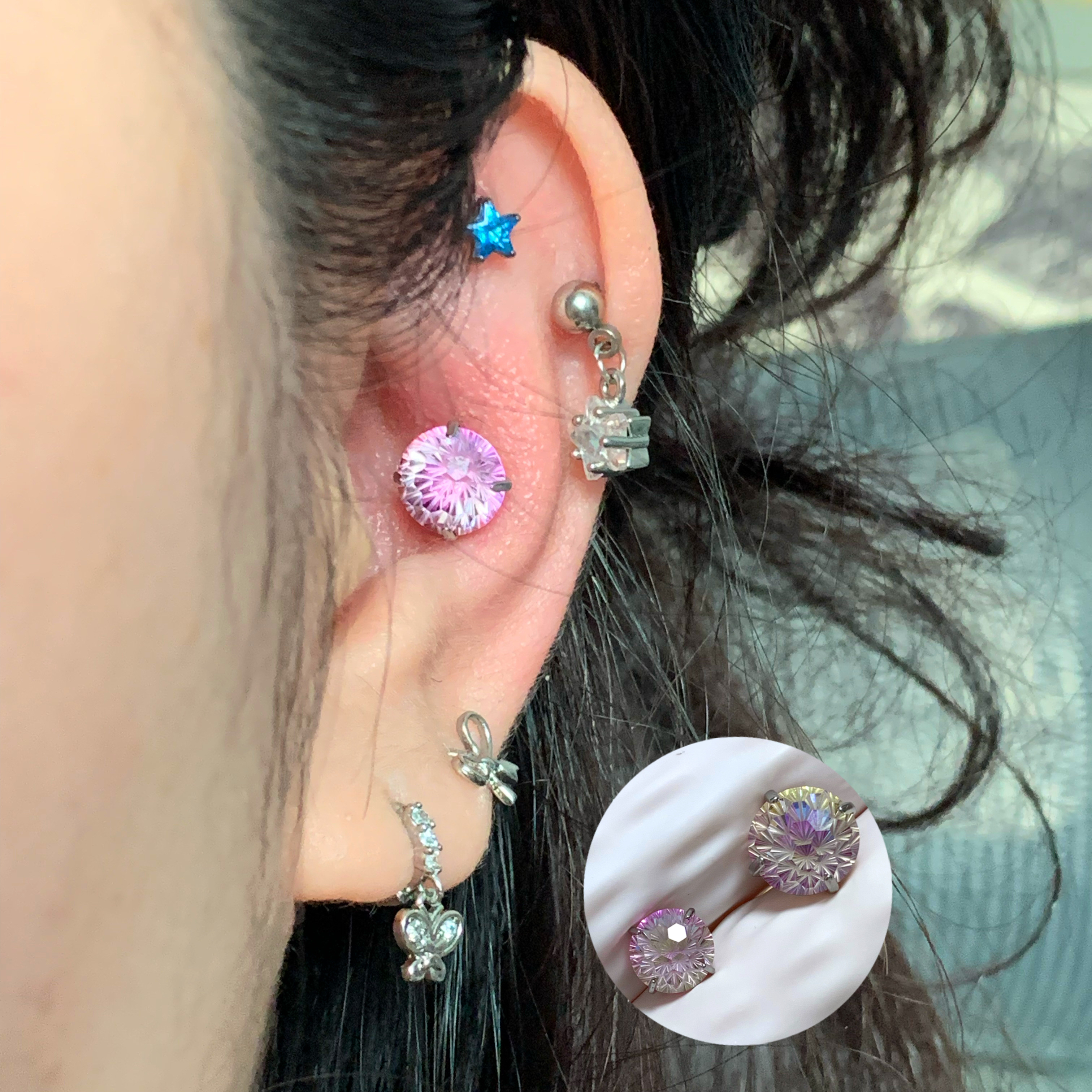 钛合金锆石耳饰 爆款渐变高级烟花切爆闪耳骨钉脐钉舌钉