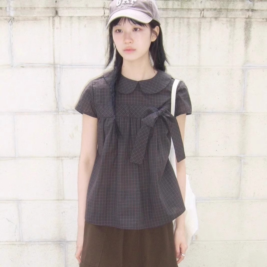 韩系甜美蝴蝶结娃娃领短袖衬衫2025夏季新款宽松显瘦气质上衣潮
