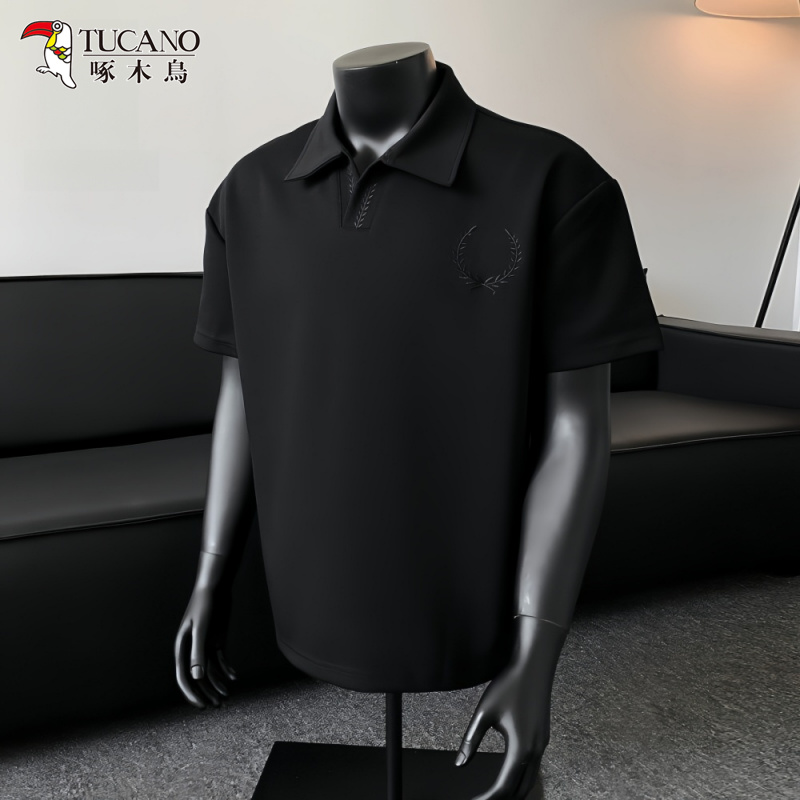啄木鳥男款新款麦穗提花刺绣V领T恤衫夏季休闲百搭透气短袖polo衫