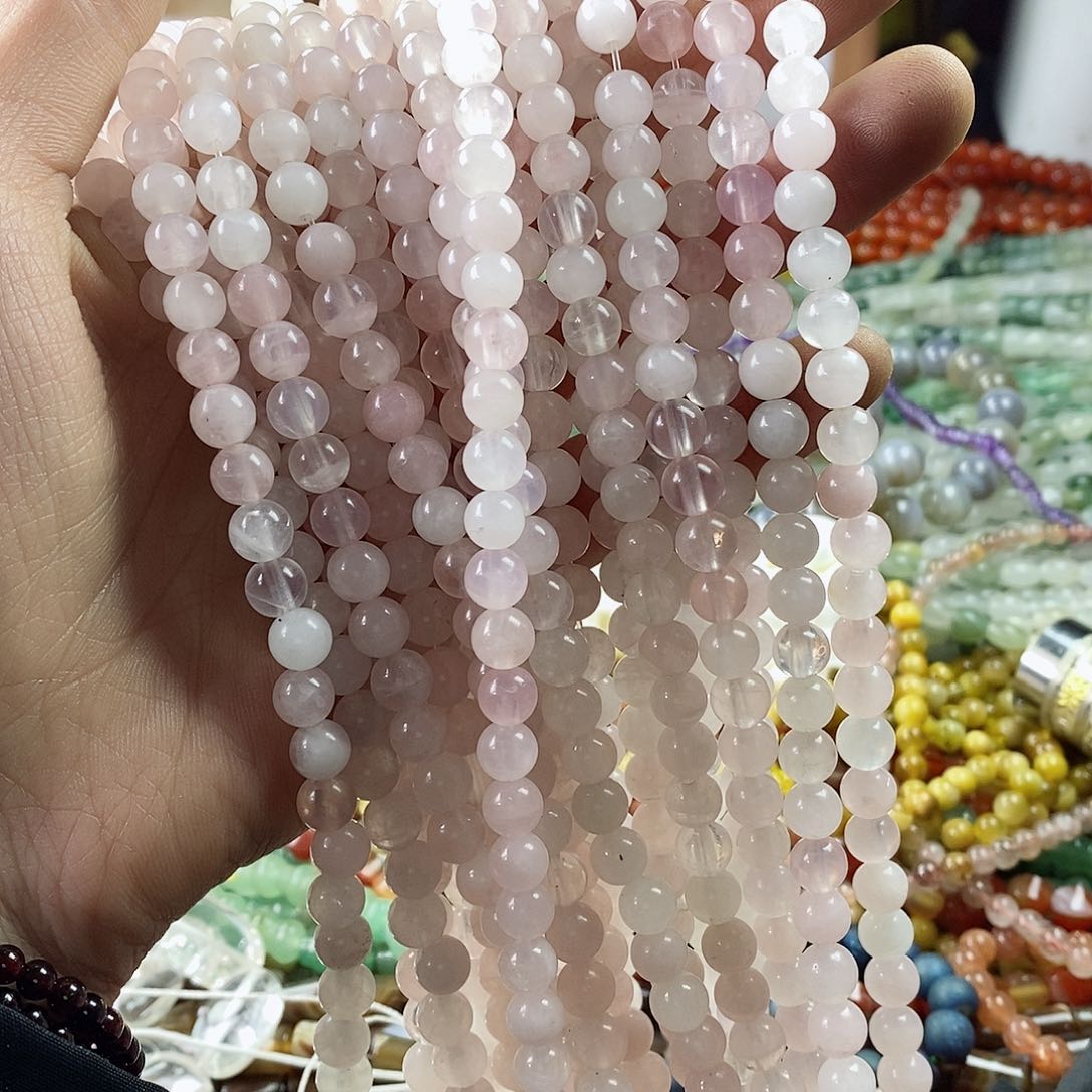 玛瑙/玉髓珠宝半成品合金一条天然7mm粉晶圆珠A级