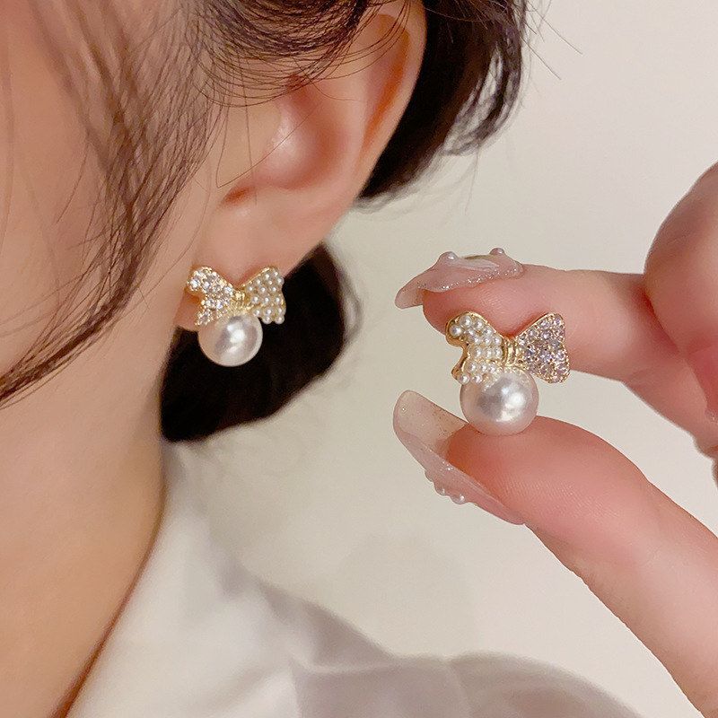 925银耳饰 48韩式时尚温柔优雅气质蝴蝶结珍珠锆石耳钉女s925银