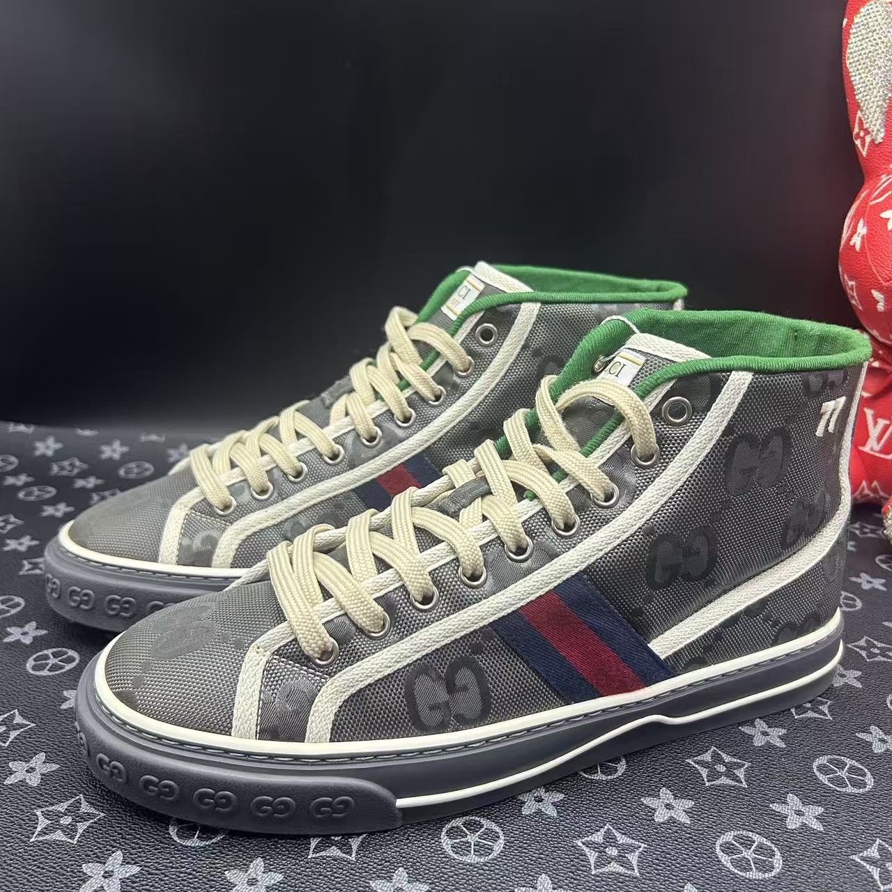 95新 GUCCI/古驰 灰色系带透气高帮1977时尚板鞋41欧码ddm3096