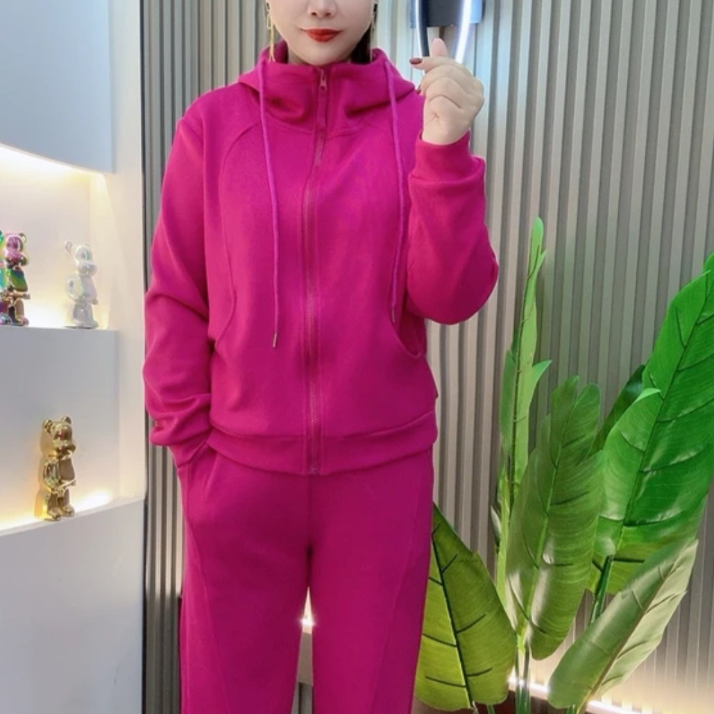 不加绒加厚连帽2025新款时尚百搭休闲套装网红洋气减龄显瘦弯刀裤