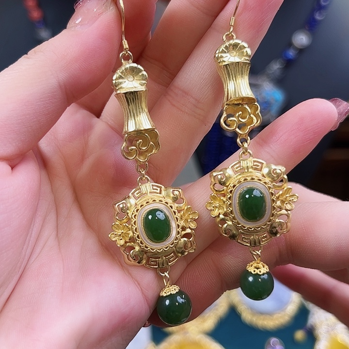 和田玉耳饰银S925镶嵌耳环