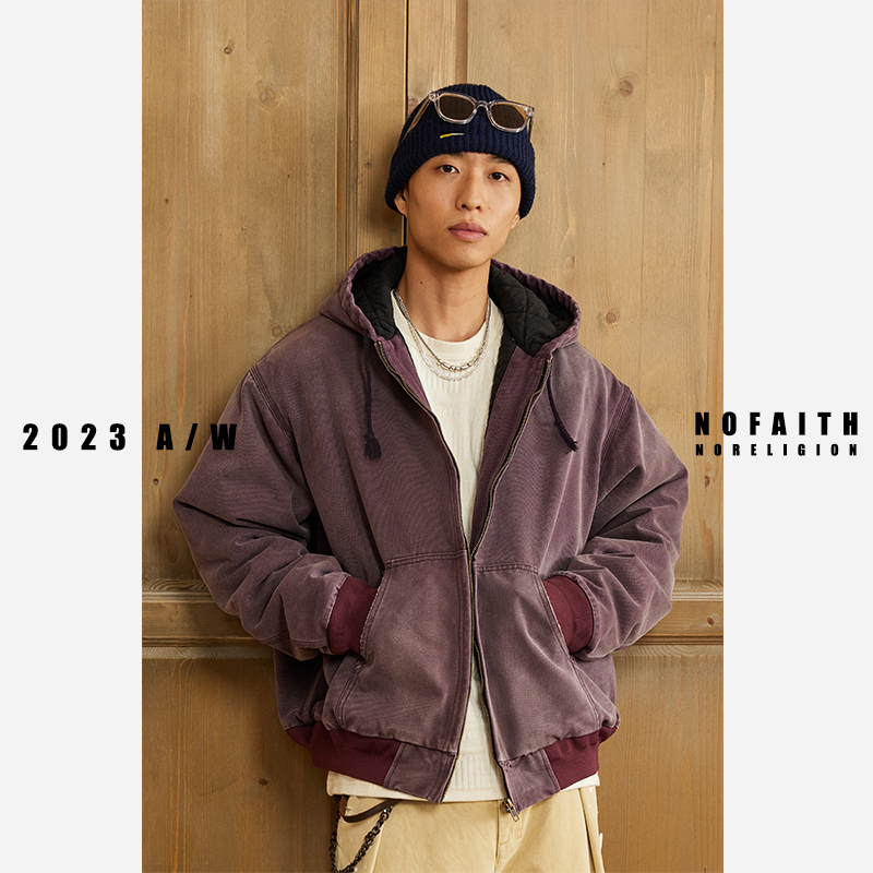 NOFAITH水洗做旧连帽棉服秋冬日系复古加棉休闲外套无信仰