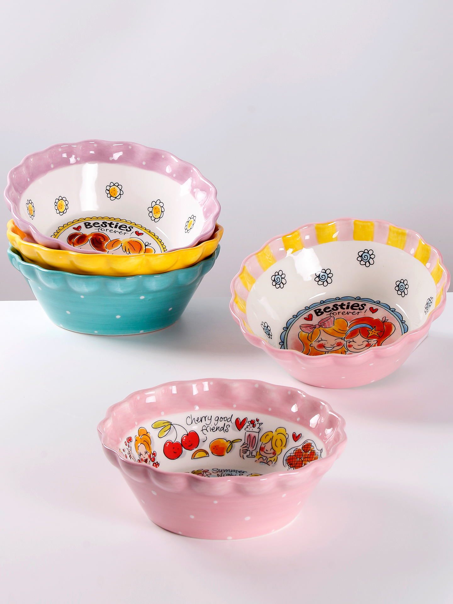 卡通陶瓷大汤碗创意异形水果沙拉碗家用高颜值花边碗