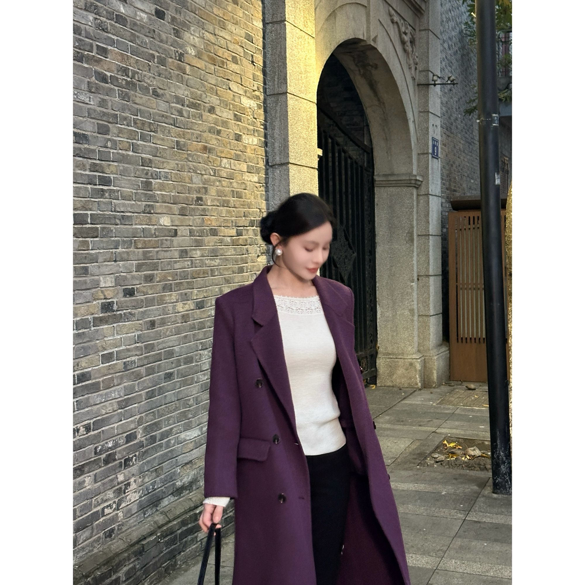 【LZQ】 秋冬新款宽松双排扣外套长款时尚毛呢大衣纯羊毛