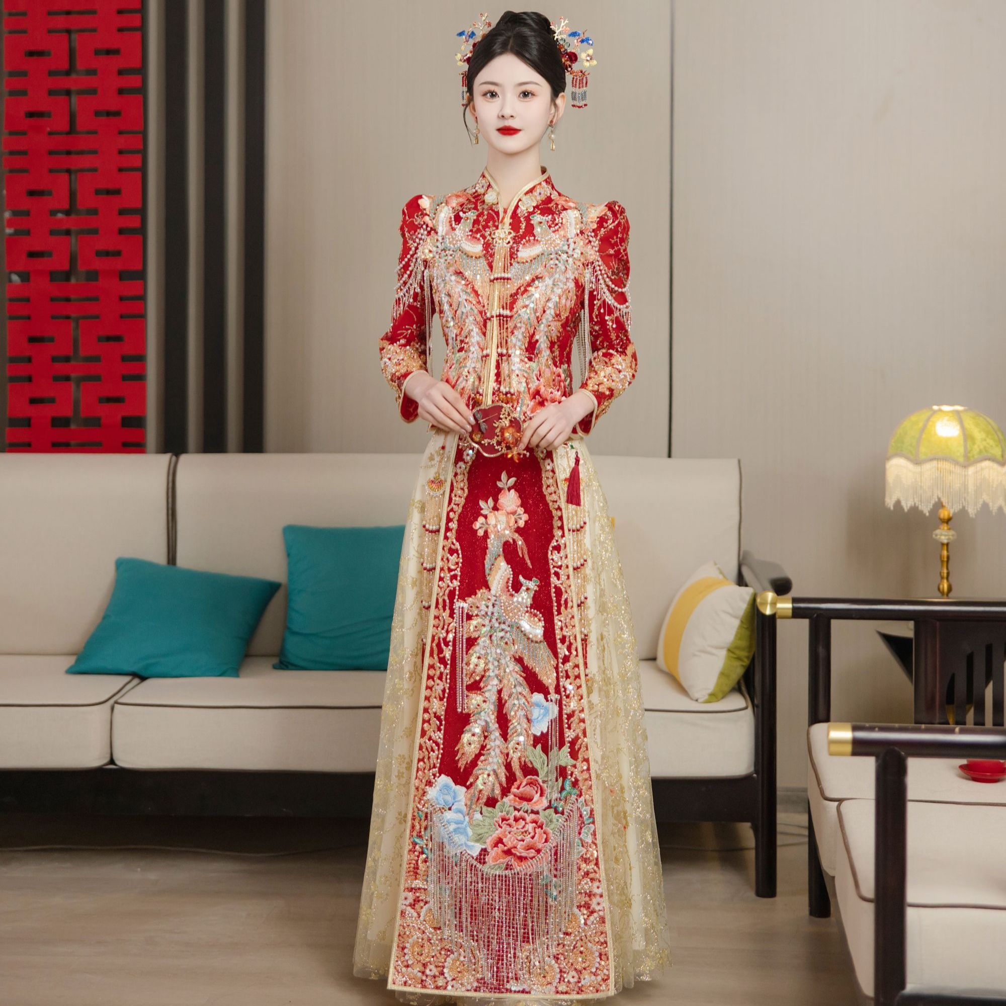 新款重工香槟色加红色新娘中式结婚出阁服