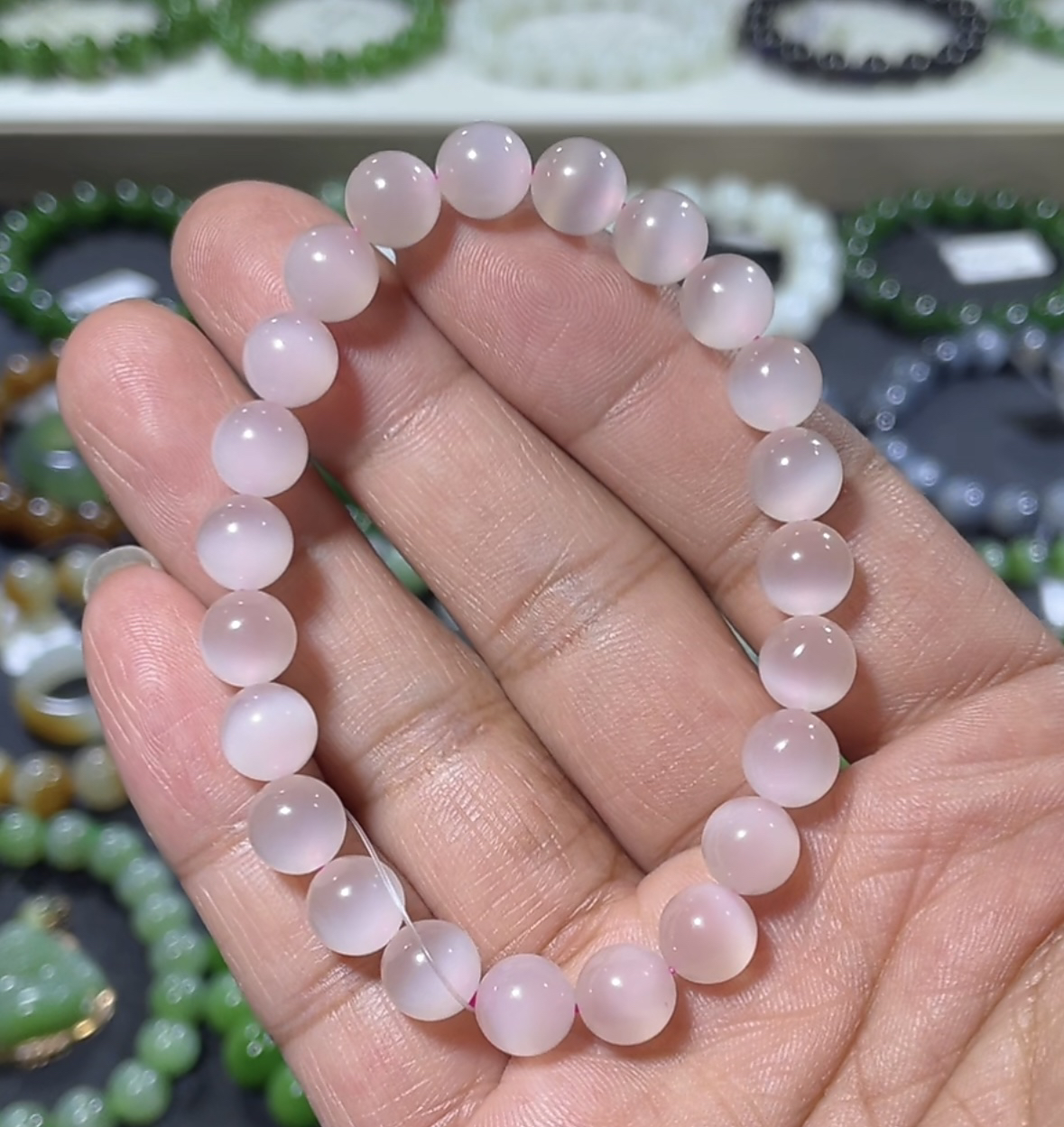 【藏品级】和田玉手串冰藕粉猫眼手串约8mm单圈时尚和田玉手链