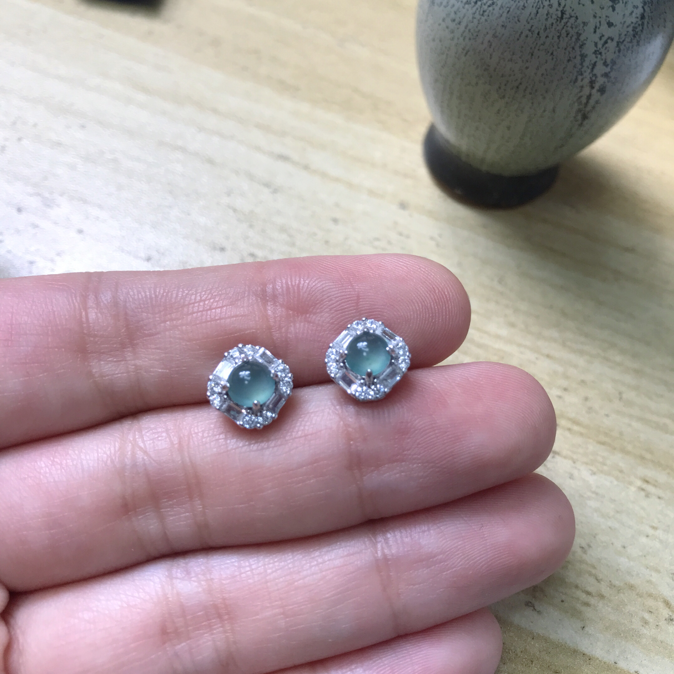 翡翠S925银耳钉方糖天空蓝白冰种卡5简约高级ins风轻奢百搭礼物