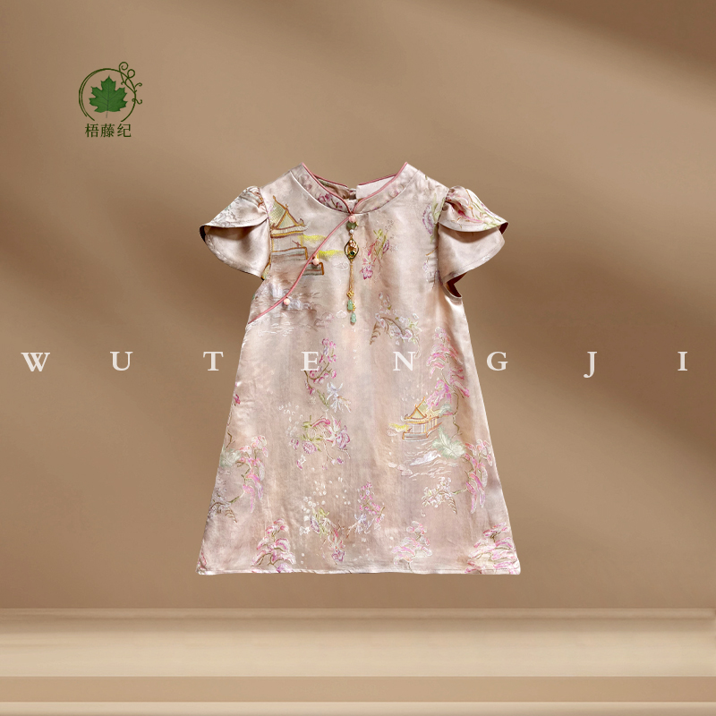 【嫦河】【100木薯丝】2025夏季新款国风女童落肩隆袖连衣裙25XT786