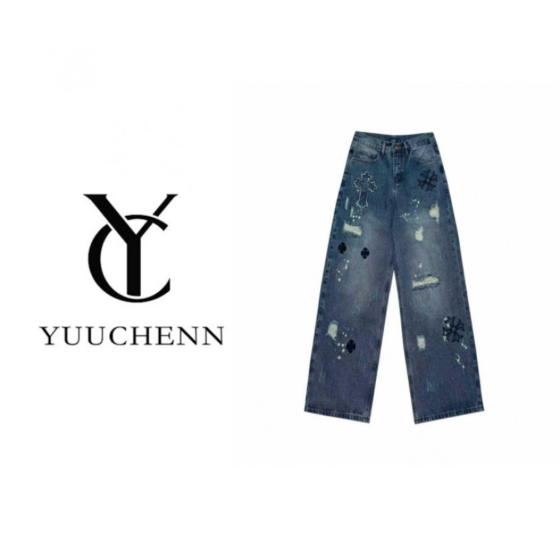 【YUUCHENN】-手工高定重工艺美式街头嘻哈划痕直筒牛仔裤男-K0306