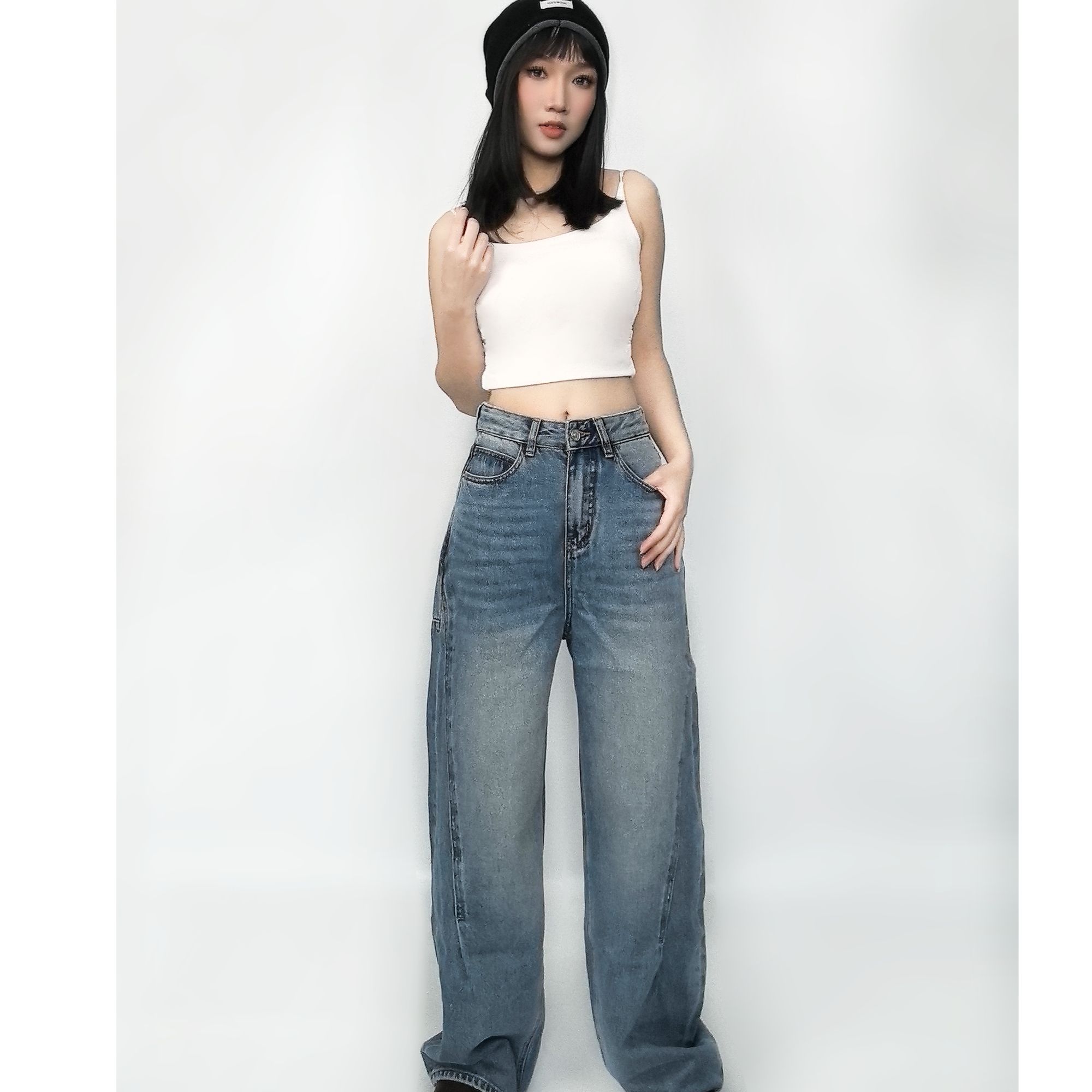 CC0337前幅分割设计师宽松牛仔裤