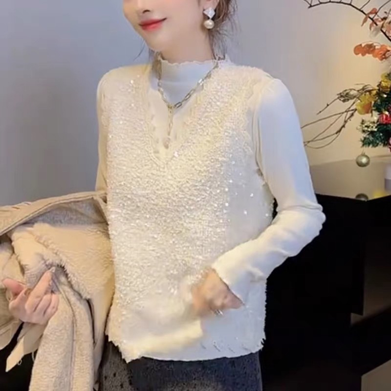（刘敏服装）6175款女士秋冬亮片蕾丝马甲背心加绒两件套高级感减龄