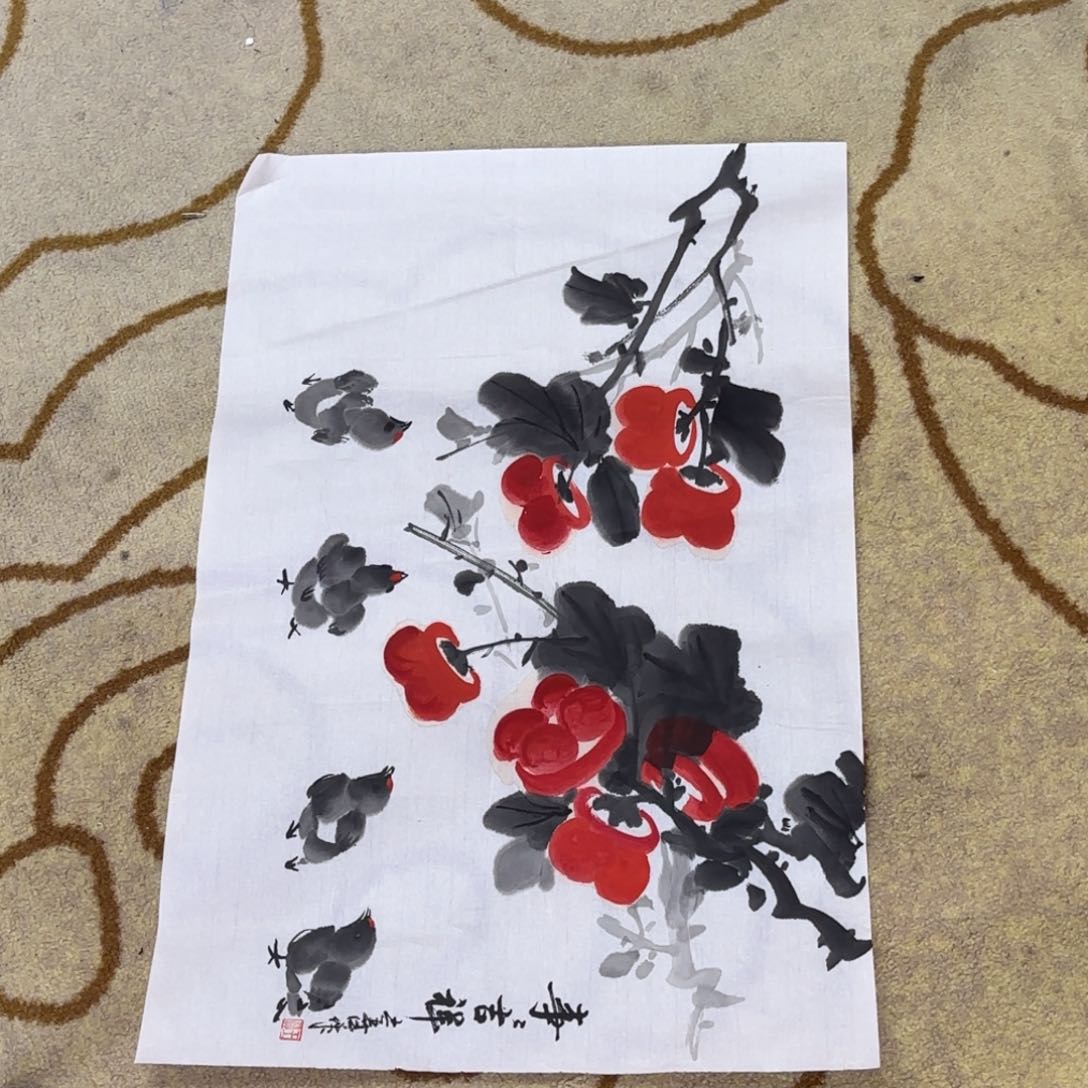 国画四尺三开花鸟童